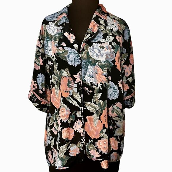 Vtg Victoria's Secret Gold Label Floral Dark Romantic Satin Pajama Top Blouse L - Picture 1 of 5
